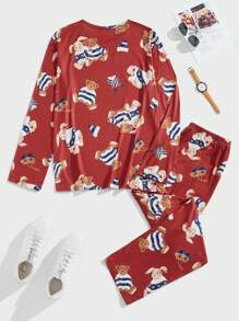 2pcs Men's Set, Full Print Round Neck Long Sleeve Top And Pants Loungewear Set - Multicolor - View 2