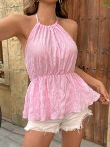 Chiquease Débardeur femme à fines bretelles avec plissé et dos nu, top court ajusté d'été - Rose bonbon - Voir 3
