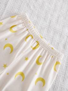 Young Girl Moon & Star Print Ruffle Hem Open Front Short Sleeve Pajama Set, Suitable For Family Gatherings - Yellow - View 4