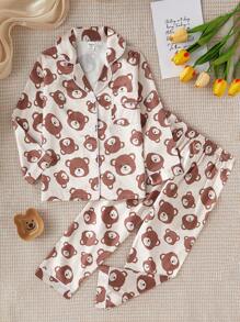 Pyjamaset met lange mouwen en imitatiezijden berenprint voor jong meisje