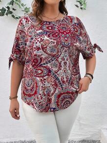 SHEIN LUNE Plus Size Full Print Tie Sleeve Blouse For Summer