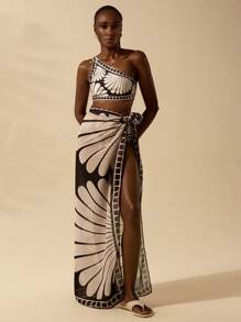 CAJUNI Women's Boho Black & Apricot Shell Print Beach Swimwear Top And Bottom 2 Pieces Set, Summer Resort Wear