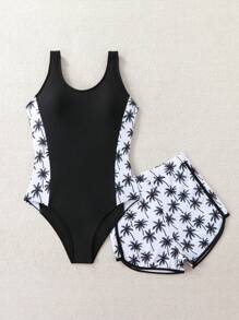 SHEIN Sparklyn 1 件连体泳衣或 2 件椰子树印花少女泳衣 - 彩色 - 查看 5