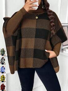 SHEIN Unity Plus Size Women Plaid High Neck Batwing Sleeve Loose Pullover Sweater, Autumn/Winter For New Year Knit Pullover Fall Sweater