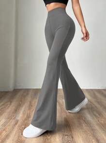 SHEIN EZwear Dark Floral Gray Knitted Women's Skinny Flare Pants - Dark Grey - View 3