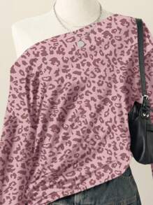 INAWLY 女士时尚不对称肩部豹纹长袖卫衣，秋冬季，毕业季，教师节，返校季套头衫 - 粉色 - 查看 4