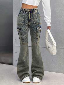 SHEIN Y2K Punk Streetwear Vintage Washed 2000s Retro Low Rised Casual Denim Flare Cargo Pants For Teen Girls,Leisure And Versatile For Fall/Winter Daily Wear Clothes Outfits - Dark Wash - View 1