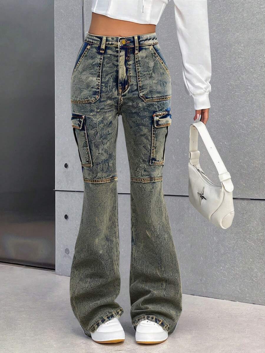 SHEIN Y2K Punk Streetwear Vintage Washed 2000s Retro Low Rised Casual Denim Flare Cargo Pants For Teen Girls,Leisure And Versatile For Fall/Winter Daily Wear Clothes Outfits - Dark Wash - View 1
