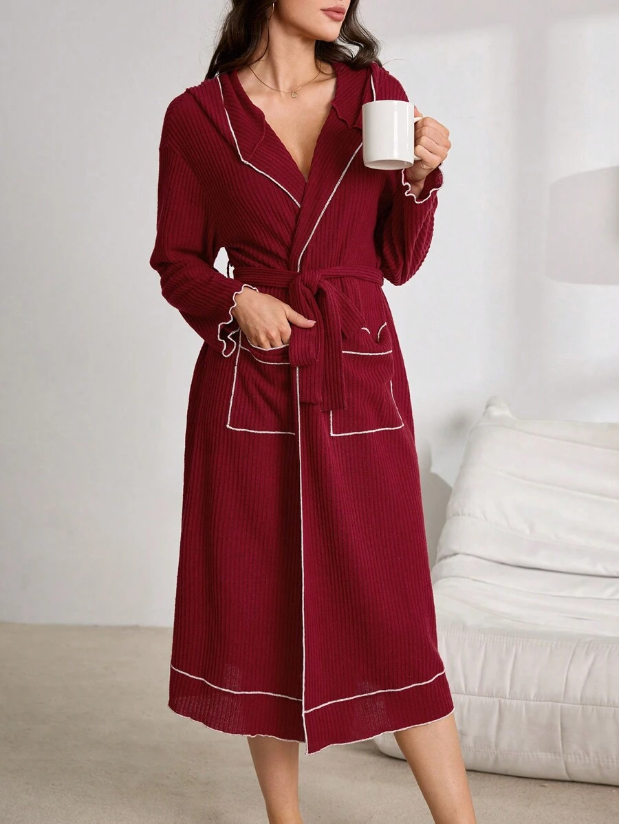 Women's Casual Long Sleeve Hooded Robe With Visible Stitching And Side ...