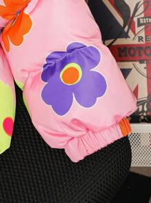 SHEIN Young Girl Loose Fit Ditsy Floral Stand Collar Pockets Short Padded Coat, Casual - Pink - View 5