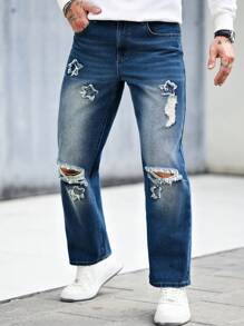 Manfinity Homme Men's Light Blue Loose Straight Leg Street Jeans - Light Wash - View 5