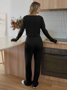 RueChic 2pcs Cotton Contrast Colour Ribbon Detail Homewear Set - Black - View 2