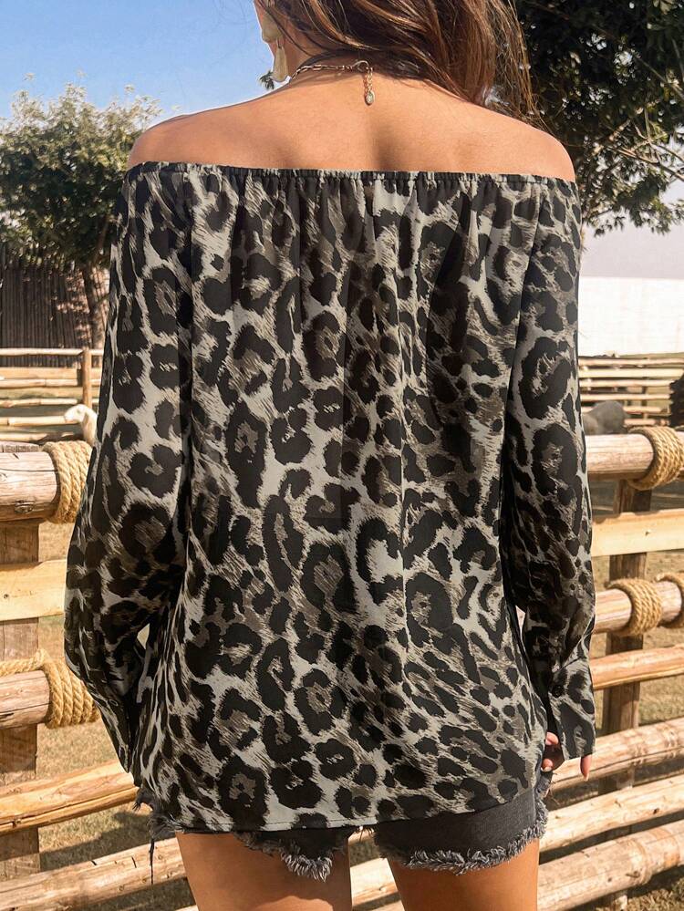 Western Style Leopard Chiffon Print Off Shoulder Women's Long Sleeve Summer Vacation Shirt Cheetah Print,Fall Women Clothes