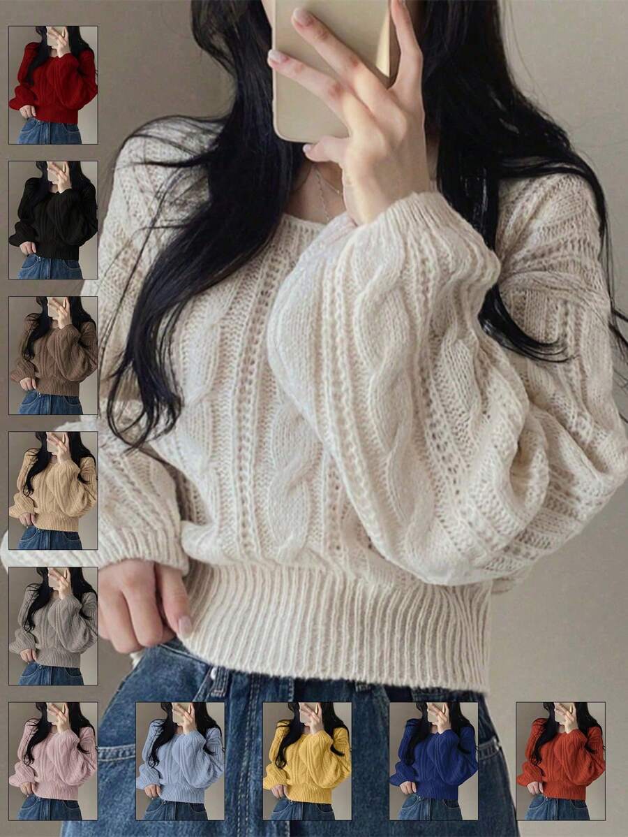 Chiquease 方领灯笼袖扭纹针织毛衣、长袖上衣 - 米色 - 查看 1