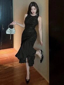 DAZY 女士纹理面料美人鱼下摆无袖连衣裙 舞会礼服 优雅吊带裙 鸡尾酒裙 - 黑色 - 查看 4