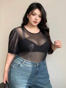 Dazy Plus Plus Size Women's Round Neck Mesh See-Through Short Sleeve Crop Top, Spring/Summer - Black - View 7