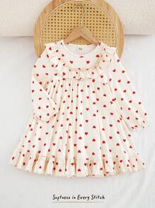 Cozy Pixies Young Girl Ditsy Floral Bow Decor Round Neck Ruffle Hem Waist Fitted Long Sleeve Dress