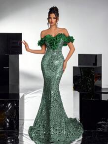 Glamrae 优雅奢华的露肩 V 领图案亮片和欧根纱美人鱼礼服，适合婚礼、单身派对、节日、舞会、宴会、派对礼服、婚礼宾客礼服、晚礼服 - 綠色 - 查看 5