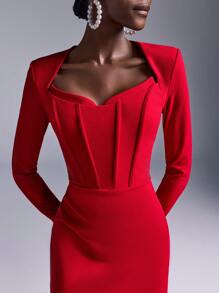 SHEIN Belle Elegant And Romantic Red Knitted Stretch Fabric Long-Sleeved Corset Waist Slim Fit Birthday Party Resort Cocktail Dress, Wedding Guest Dress - Red - View 1