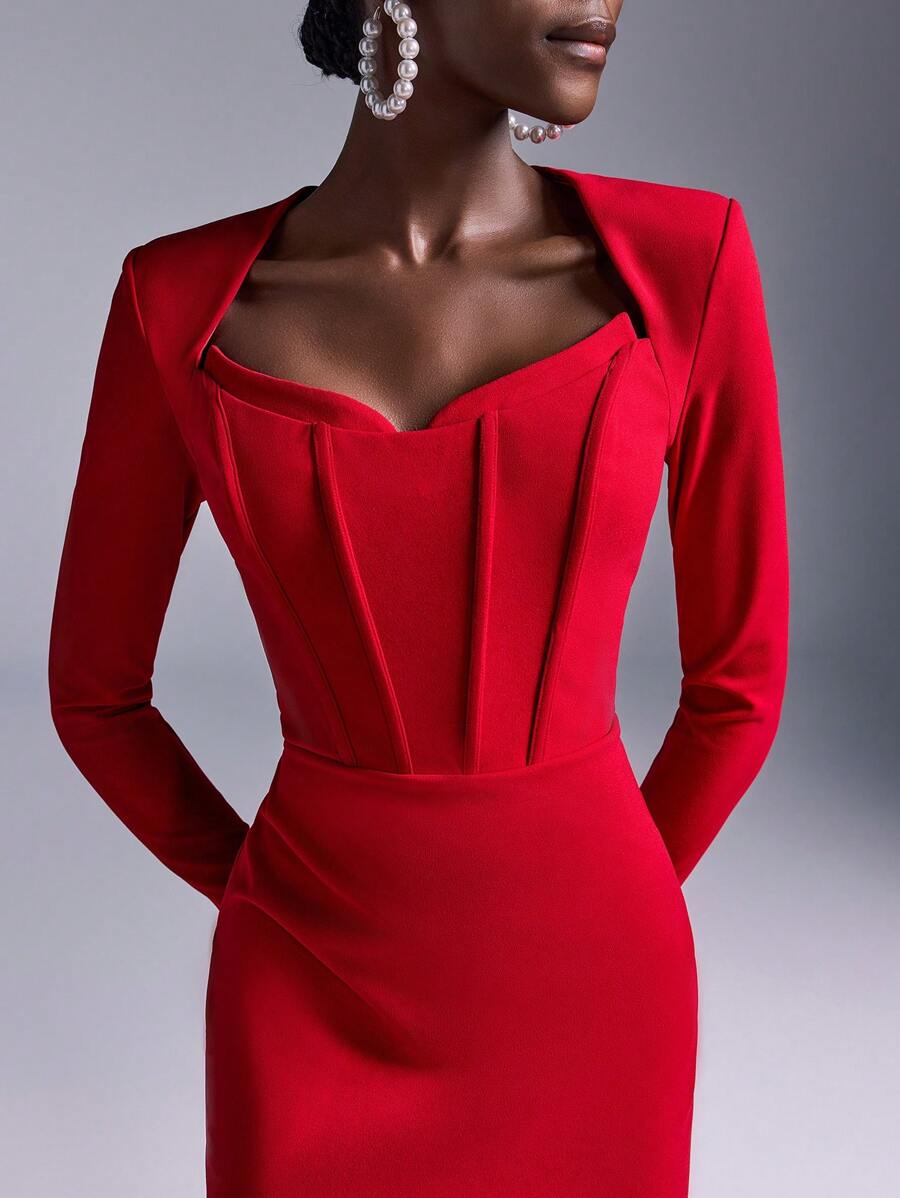 SHEIN Belle Elegant And Romantic Red Knitted Stretch Fabric Long-Sleeved Corset Waist Slim Fit Birthday Party Resort Cocktail Dress, Wedding Guest Dress - Red - View 1
