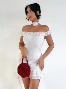 SHEIN SXY Women's Solid Color Off Shoulder Slim-Fit Mini Dress, Simple Style,Lace Dress,Valentine's Day,Birthday Dresses For Women,Dresses For Women Elegant,Off The Shoulder Dress,Women Dresses,Valentine's Day Dress,Date Night Dress Women,3D Flower,Rose