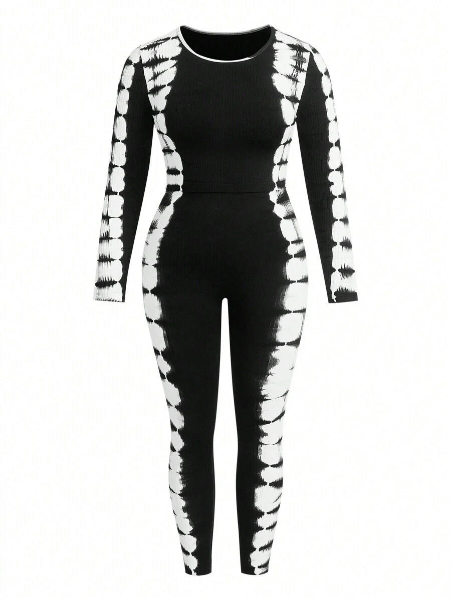Easithlete Women Plus Size Tie-Dye Sports Set - Black and White - View 1