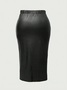 Maweii Plus Size Women's Solid Color PU Leather Drawstring Slit Hem Sexy Skirt - Black - View 2