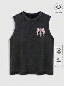 ROMWE MEN Grunge Punk Men's Gothic Cross Print Washed Distressed Sleeveless Tank Top - Black - View 3
