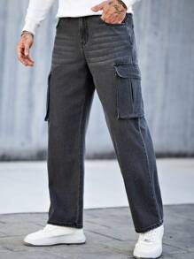 Manfinity Homme Men's Black Loose Straight Leg Cargo Jeans - Black - View 1