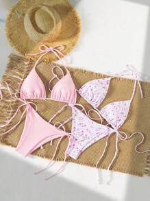 Swim Mod 2 piezas Bikini de mujer de primavera con diseño minimalista para vacaciones en la playa, con parte superior de tirantes y estampado floral ditsy