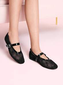 CUCCOO DOLLMOD Square Toe Net Floral Black Instep Strap Elegant Fashion Simple Cute Casual Sandals Spring Shoes Spring Break Easter - Black - View 1
