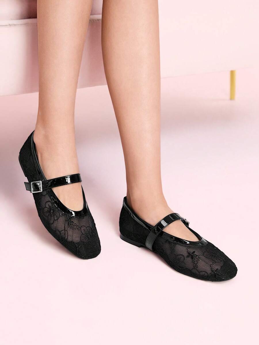 CUCCOO DOLLMOD Square Toe Net Floral Black Instep Strap Elegant Fashion Simple Cute Casual Sandals Spring Shoes Spring Break Easter - Black - View 1