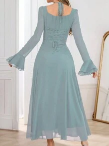 Modelyn 1 bucată rochie de damă elegantă, de precizie, la modă, cu mâneci evazate, cu gât pătrat, albastru bleumarin, ținută maxi pentru femei