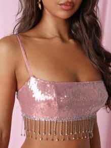 COSMINA Women's Fashion Sequin & Rhinestone Decor Tassels Super Mini Strap Camisole, For Party - Baby Pink - View 2