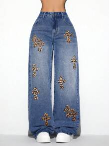 SHEIN ICON Luipaardprint Versleten Rechte Broeken Damesjeans