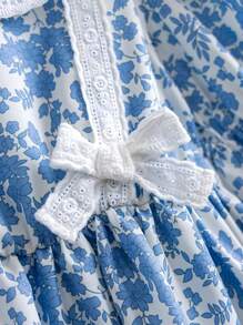 SHEIN Elladie kids Young Girl Cute Elegant Ditsy Floral Lace Collar, Ruffle Puff Sleeve Fashion Dress, Suitable For Resort, Daily Family Gathering, Spring/Summer - Blue - View 5