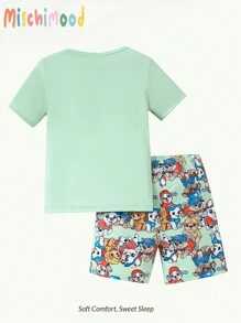 Bộ đồ ngủ tay ngắn in hình chú chó và quần dài in hình chú chó hoạt hình cho bé trai, đồ mặc ở nhà - màu xanh lá - Xem 2