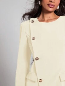 COSMINA Women's Solid Color Front Button Closure Round Neck Elegant Long Sleeve Mini Dress - Apricot - View 5