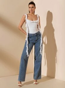SHEIN BAE Body de mujer con cuello de corazón, arrugado, con volantes y de un solo color blanco texturizado con encaje, adecuado para el Día de San Valentín y uso diario