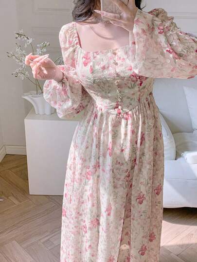 Feyla Floral Print Square Collar Elegant Long Sleeve Dress For Women