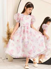 SHEIN Tween Girls Cute Round Neck Puff Sleeve Cinch Waist Floral Print Mid-Length Dress