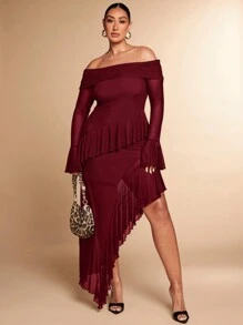 SHEIN BAE Robe longue avec une seule épaule, décoration de volant en maille tulle noire unie, fente haute, ourlet pour femmes grandes tailles au printemps, en automne et en hiver. Robe élégante et sexy, robe douce, robe romantique pour rendez-vous, robe pour la Saint-Valentin, le Nouvel An, les festivals, les fêtes