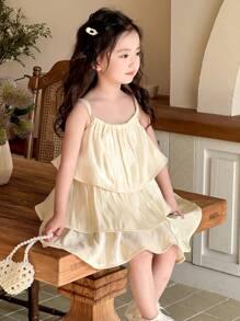 DAZY Vestido elegante de niña con tirantes de espagueti y pliegues de unicolor, conjunto de ropa de verano para niñas