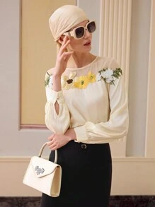 ZEYLAH CONTRAST MESH FLORAL Applique PATCHED LONG SLEEVES BLOUSE, SATIN BLOUSE,SPRING/SUMMER - Apricot - View 7