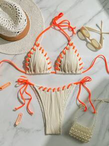 SHEIN Swim Summer Women's Contrast Color Halter Tie Back Bikini Top And Bottom Bikini Set - Apricot - View 1