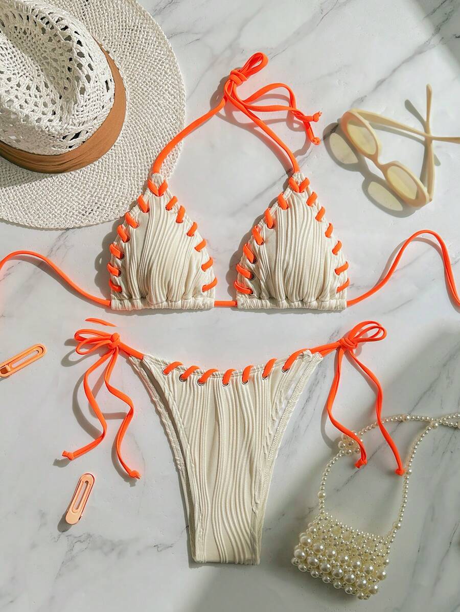 SHEIN Swim Summer Women's Contrast Color Halter Tie Back Bikini Top And Bottom Bikini Set - Apricot - View 1