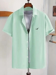 Manfinity Homme 男士前扣短袖印花简约休闲衬衫，日常穿着