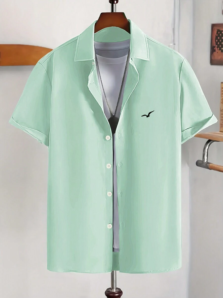 Manfinity Homme 男士前扣短袖印花简约休闲衬衫，日常穿着