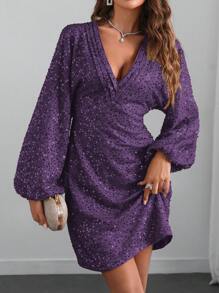 SHEIN Clasi Đầm dự tiệc ngắn hở vai cổ chữ V đính sequin vàng thu/đông cho nữ màu đỏ tía - Màu tím - Xem 5