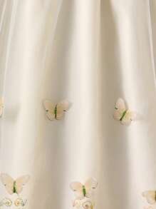 SHEIN 年轻女孩中东公主风格杏色3D刺绣蝴蝶网眼吊带裙，适合户外派对、婚礼、宴会、暑假 - 杏色 - 查看 3